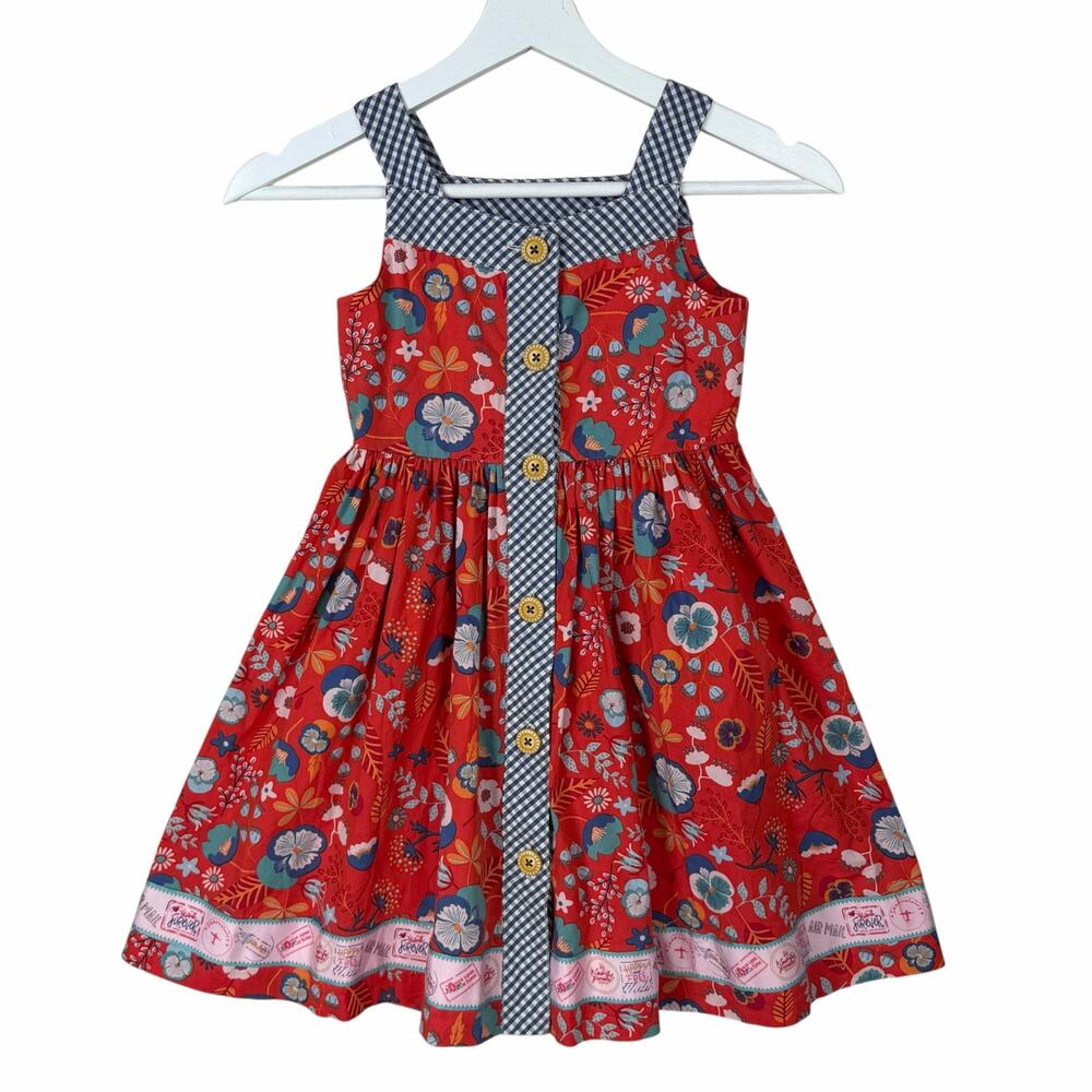 Matilda Jane High Road Sun Dress Girls Size 6 Floral Gingham Sleeveless Red Blue